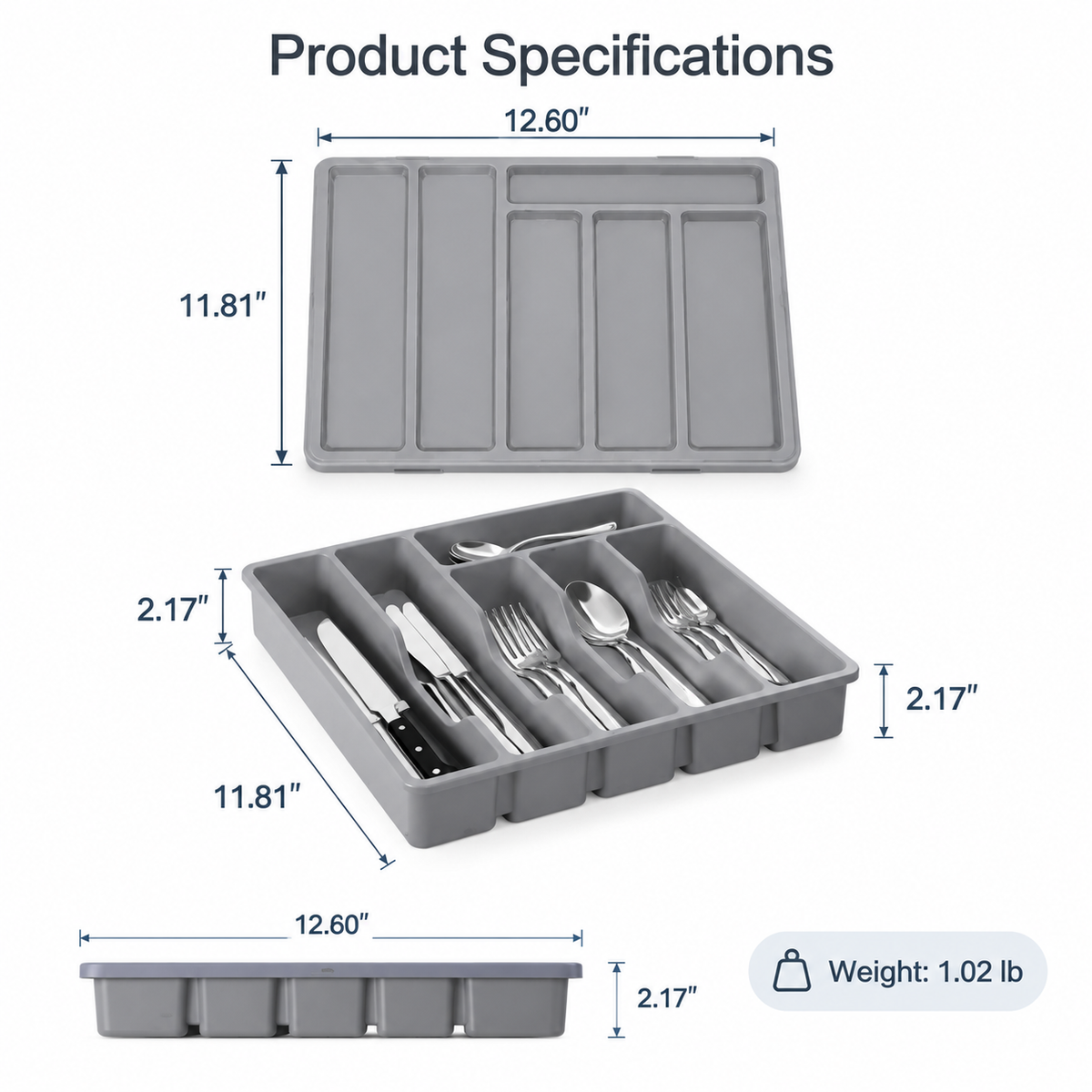 Covered Cutlery and Utensil Organizer Tray in sleek grey