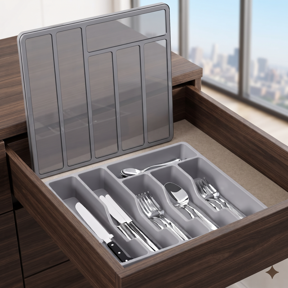 Covered Cutlery and Utensil Organizer Tray in sleek grey