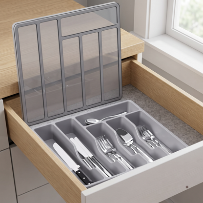 Covered Cutlery and Utensil Organizer Tray in sleek grey