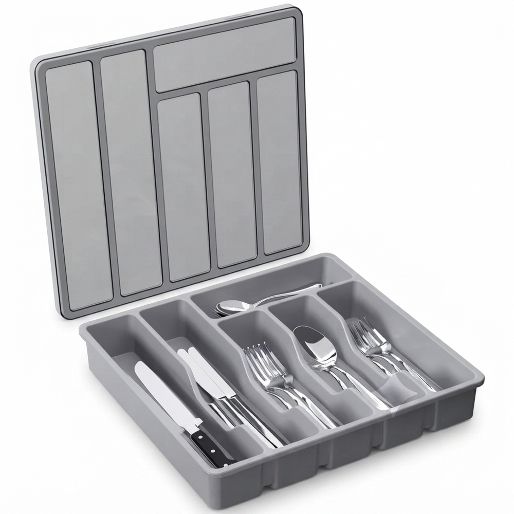 Covered Cutlery and Utensil Organizer Tray in sleek grey