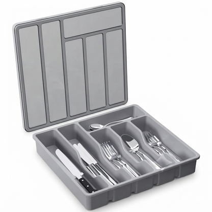 Covered Cutlery and Utensil Organizer Tray in sleek grey